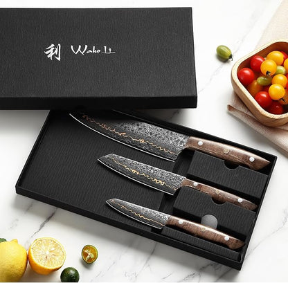 Wakoli Kawa Damascus Kitchen Knife Set, 3-Piece Professional Chef Knife Set with Copper Inlay | 67-Layer Damascus Steel with VG10 Core | Maple Stabilized Wood Handles | Gift Box