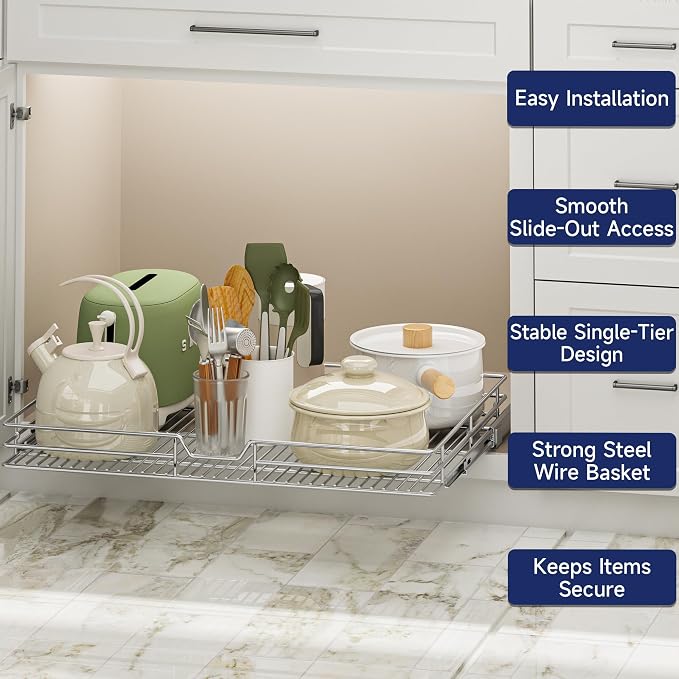 Pull Out Cabinet Organizer, 28.5" W x 21.5" D, Heavy Duty Chrome Slide Out Shelf for Wide Base Cabinets, Sliding Wire Basket Drawer for Pots, Pans, Appliances & Pantry Storage
