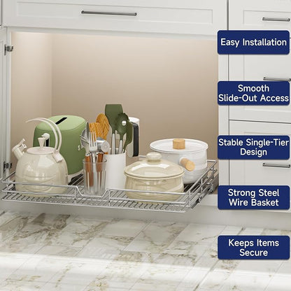 Pull Out Cabinet Organizer, 31.5" W x 21.5" D, Heavy Duty Chrome Slide Out Shelf for Wide Base Cabinets, Sliding Wire Basket Drawer for Pots, Pans, Appliances & Pantry Storage