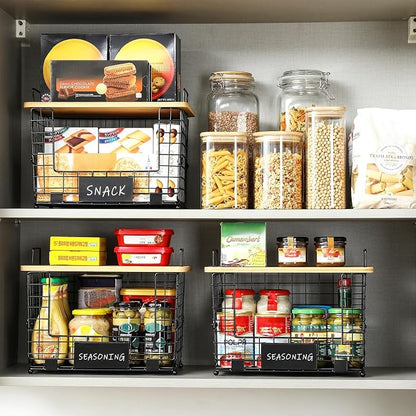 2 Set XL Stackable Wire Basket with Bamboo Tops & Tags- Pantry Organizer and Storage Bins, Kitchen Counter Cabinet Shelf Countertop Under Sink Organizing, Food Snack Produce Onion Potato Bread Storage