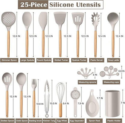 E-far Silicone Kitchen Utensils Set with Holder, 25-Piece Cooking Utensil Set with Wooden Handle for Nonstick Cookware, 446°F Heat Resistant Kitchen Tool Spatula Tong Whisk, Non-toxic & Healthy, Khaki