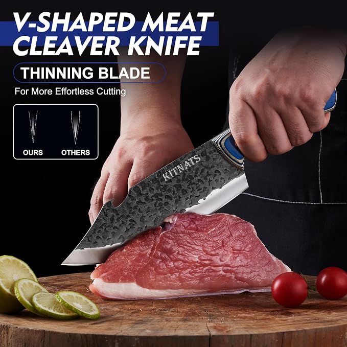 KITNATS 3Pcs Kitchen Knife Set, Hand Forged Butcher Knives Set - Chef Knives & Butcher Knife &Tactical Chopper, Meat Cutting Cleaver for Home Camping BBQ Ideal Gifts