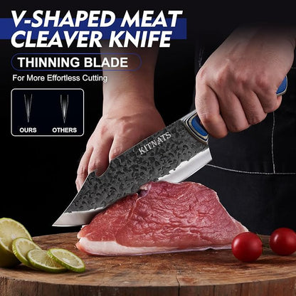 KITNATS 3Pcs Kitchen Knife Set, Hand Forged Butcher Knives Set - Chef Knives & Butcher Knife &Tactical Chopper, Meat Cutting Cleaver for Home Camping BBQ Ideal Gifts