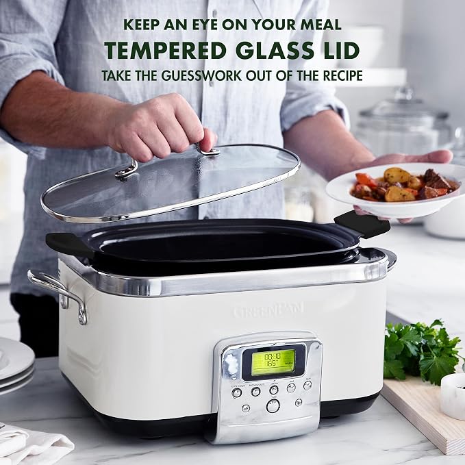 GreenPan Elite 8-in-1 Programmable 6QT Electric Slow Cooker, Dishwasher Safe Lid & Removable Crock, PFAS-Free Healthy Ceramic Nonstick Multi-Cooker, Sear, Sauté, Brown, Steam Basket, Roast, White