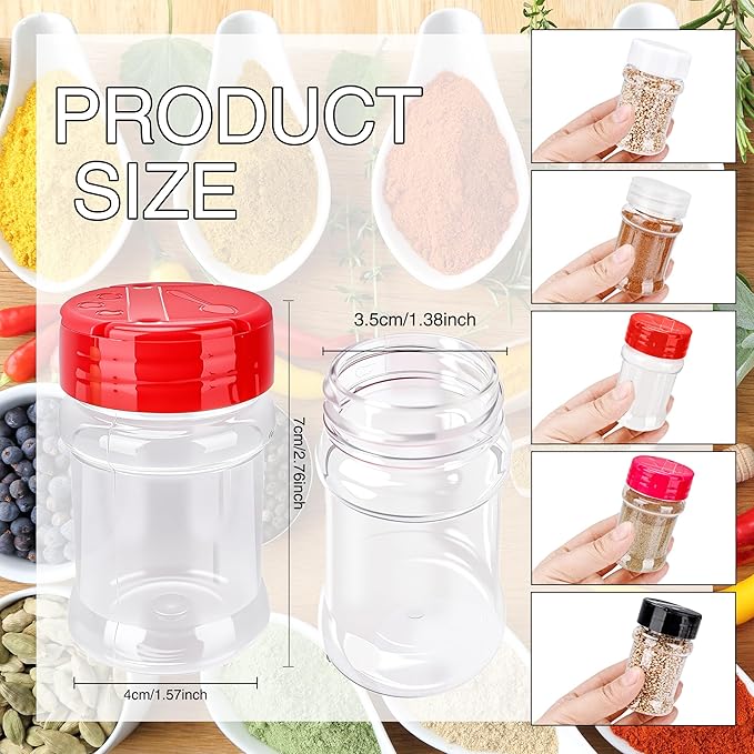 30 Pcs 2 oz Mini Plastic Spice Jars with Sifters Clear Empty Spice Bottles Round Seasoning Containers for Travel Kitchen (Pink Top with 2 Side Hole)