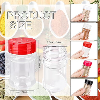 30 Pcs 2 oz Mini Plastic Spice Jars with Sifters Clear Empty Spice Bottles Round Seasoning Containers for Travel Kitchen (Pink Top with 2 Side Hole)