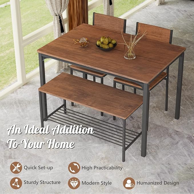Giantex Dining Table Set for 4, 43" Kitchen Table and Chairs, Dining Bench with Metal Frame & Storage Rack, 4-Piece Modern Functional Desk Set for Dinette, Small Space, Apartment, Restaurant, Walnut