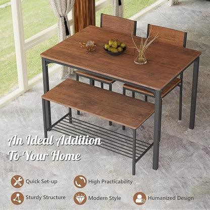 Giantex Dining Table Set for 4, 43" Kitchen Table and Chairs, Dining Bench with Metal Frame & Storage Rack, 4-Piece Modern Functional Desk Set for Dinette, Small Space, Apartment, Restaurant, Walnut