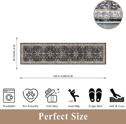 3x12 ft Long Hallway Runner Rug - Non-Slip Washable Soft Kitchen Rug with Rubber Backing,Boho Floral Low Pile Floor Carpet Runner for Entryway,Bedroom,Living Room（Black,3x12）