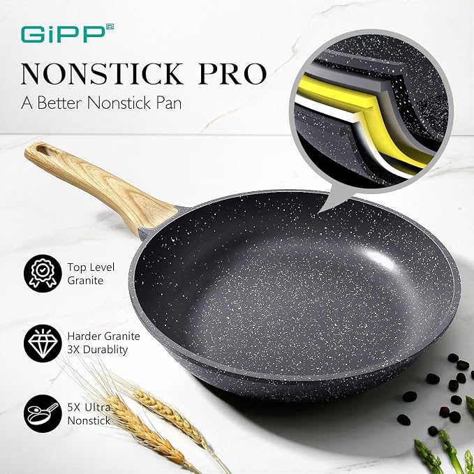 GiPP Non Stick Frying Pan Set - 9.5" 10.2" 11" Ceramic Nonstick Skillets, Non Toxic, Omelette Pan with Stay Cool Handle, Induction Compatible, PFAS/PTFE/PFOA Free, Gray
