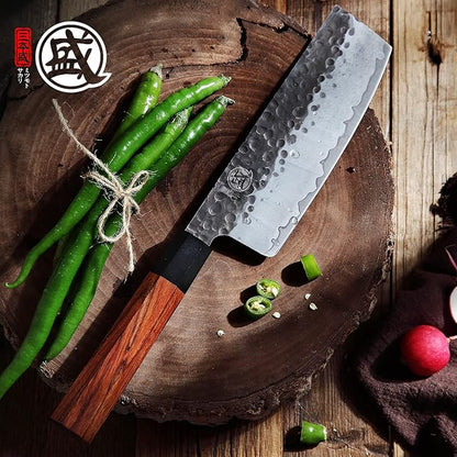 MITSUMOTO SAKARI 7-Inch Japanese Nakiri Knife, 9Cr18MoV Steel | Wide Nakiri blade for vegetable push cuts, 12° edge, 3-layer 9Cr18MoV steel, rosewood handle, sandalwood box