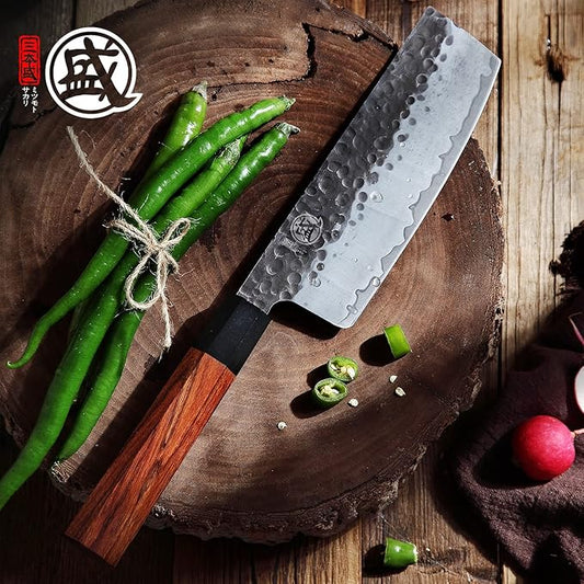 MITSUMOTO SAKARI 7-Inch Japanese Nakiri Knife, 9Cr18MoV Steel | Wide Nakiri blade for vegetable push cuts, 12° edge, 3-layer 9Cr18MoV steel, rosewood handle, sandalwood box
