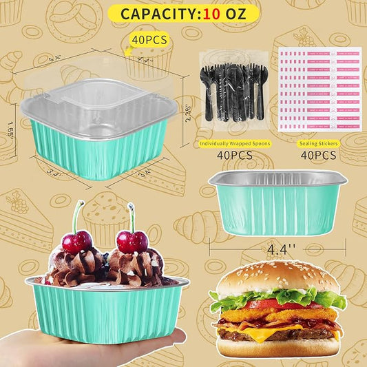 10oz Mini Cake Pans with Lids, 40 Pack Aluminum Foil Brownie Pans,Disposable Ramekins Muffin Tins,Square Baking Pans Cupcake Cups,Individual Dessert Containers Flans for Brownie - Blue