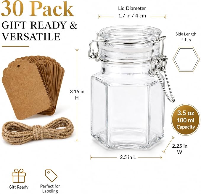 TOPZEA 30 Pack Hexagon Glass Jars with Airtight Lid, 3.5oz Clear Spice Jar, Herb Storage Containers Food jars for Pantry Organization, Honey, Jam, Party Favors & Crafts (Includes Labels & Hemp Rope)