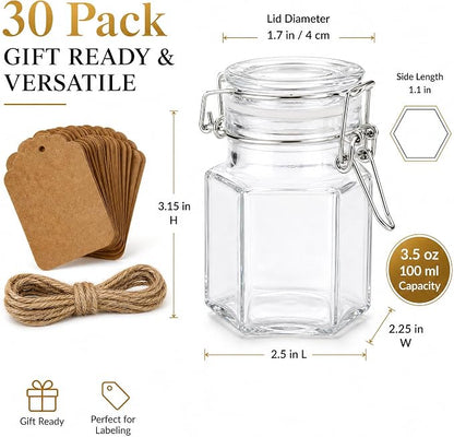 TOPZEA 30 Pack Hexagon Glass Jars with Airtight Lid, 3.5oz Clear Spice Jar, Herb Storage Containers Food jars for Pantry Organization, Honey, Jam, Party Favors & Crafts (Includes Labels & Hemp Rope)