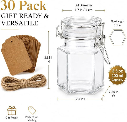 TOPZEA 30 Pack Hexagon Glass Jars with Airtight Lid, 3.5oz Clear Spice Jar, Herb Storage Containers Food jars for Pantry Organization, Honey, Jam, Party Favors & Crafts (Includes Labels & Hemp Rope)