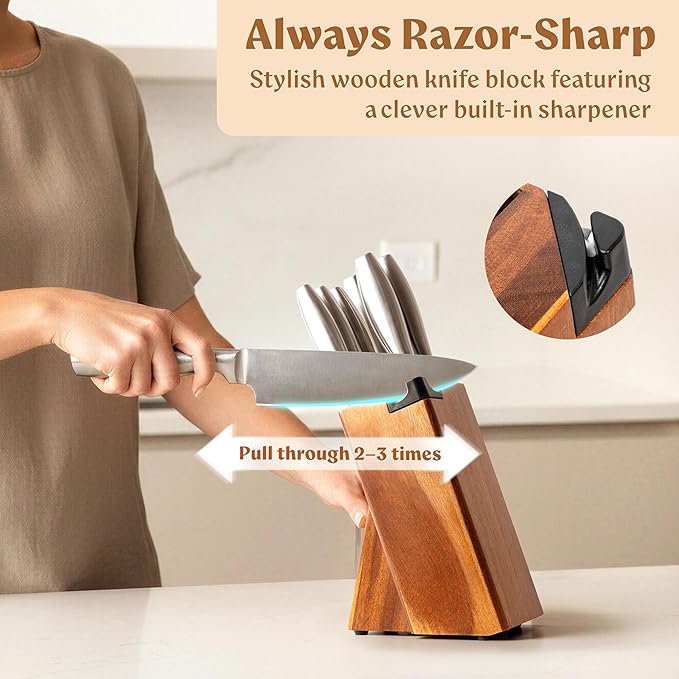 EDELHAUS Knife Set with Block, 9 pcs Kitchen Knife Block Set | Professional Knife Block with Sharpener & Scissors, Stainless Steel Kitchen Knife Set with Acacia Wood Block & Steel Handles