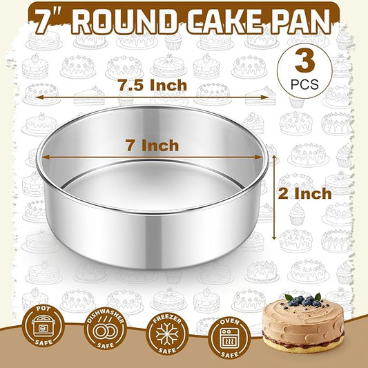 E-far 7 Inch Cake Pan Set of 3, Stainless Steel Round Baking Pans Tins for Layer Birthday Wedding Cakes, Dishwasher & Oven Safe, Healthy & Non-toxic, Leak Proof & Mirror Polished