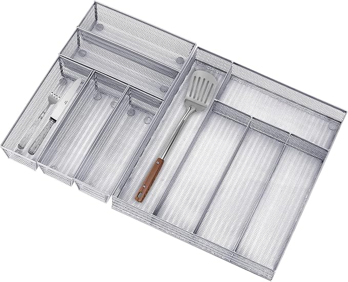 Neudeco Drawer Organizer Set, Silver Mesh, 6 Pack | 5-Compartment Silverware Tray, 5 Utensil Trays, Non-Slip, For Flatware, Cutlery, Office Supplies