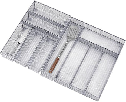 Neudeco Drawer Organizer Set, Silver Mesh, 6 Pack | 5-Compartment Silverware Tray, 5 Utensil Trays, Non-Slip, For Flatware, Cutlery, Office Supplies