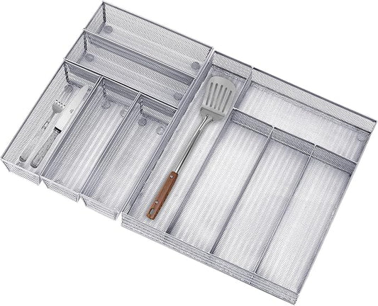Neudeco Drawer Organizer Set, Silver Mesh, 6 Pack | 5-Compartment Silverware Tray, 5 Utensil Trays, Non-Slip, For Flatware, Cutlery, Office Supplies
