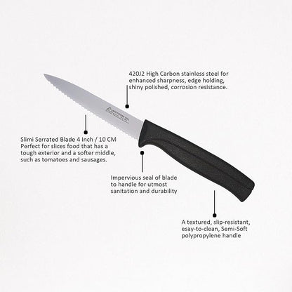 Kitchen Knife Set - MATTSTONE HILL Paring Knife Set, 4 Inch Serrated Utility Knife, Vegetable Knife Set, Slim Blade, Premium Stainless Steel, Semi Soft Handle, Black