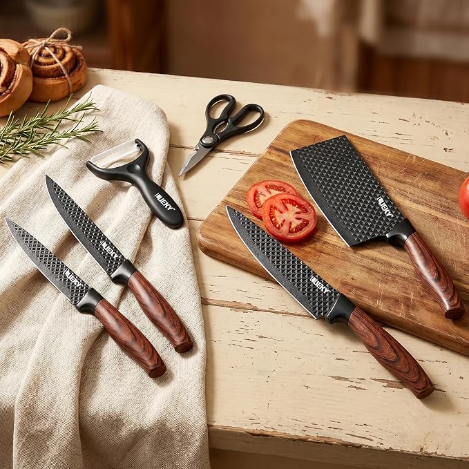 Knife Set, 8 Pieces Kitchen knife Set with Healthy Anti-Rust Coating, Stainless Steel Professional Chef Knife Set with Block, Sharp Kitchen Knives Set with Block for Home Cooking, Dishwasher Safe