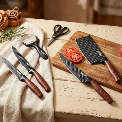 Knife Set, 8 Pieces Kitchen knife Set with Healthy Anti-Rust Coating, Stainless Steel Professional Chef Knife Set with Block, Sharp Kitchen Knives Set with Block for Home Cooking, Dishwasher Safe