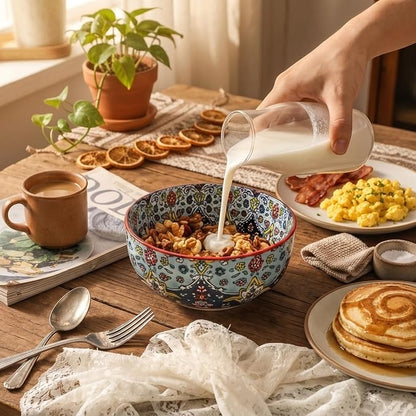 glowworm Cereal Bowls, 26 Oz Ceramic Soup Bowls Set of 4, Kitchen Bowls for Rice, Oatmeal, Fruit, Ice Cream, Dessert, Dishwasher & Microwave Safe, Bohemian