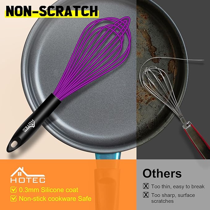 HOTEC 4 Pieces Silicone Whisks Set, Wire Balloon Whisks for cooking Egg Beater, Non-slip Handle Whisk for Non-stick Cookware Perfect for Cooking, Stirring, Beating and Blending,Purple