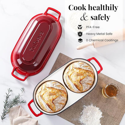 Cast Iron Bread Pan with Lid, Mini Enamel Sourdough Baking Dutch Oven Pot, Double Round Loaf Space for Homemade, Bread, Cake, Meatloaf, 16.5cm Diameter, 500°F Oven Safe, Non Stick, Red
