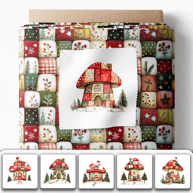 Christmas Patchwork Mushroom House Fabric Panel – Single Continuous Cotton Satin Panel with 6 Printed Squares 9.8” x 9.8” and Bonus Patchwork Area – 100% Cotton for Quilting & Sewing