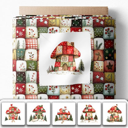 Christmas Patchwork Mushroom House Fabric Panel – Single Continuous Cotton Satin Panel with 6 Printed Squares 9.8” x 9.8” and Bonus Patchwork Area – 100% Cotton for Quilting & Sewing