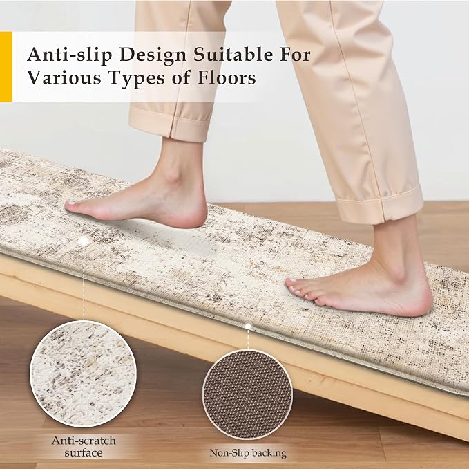 Kitchen Mats for Floor Anti Fatigue Waterproof Kitchen Rug Beige Grey Abstract Cushioned Non-Slip Kitchen Mats Comfort Standing Neutral Mat for Sink Laundry Office 17.3"×59"
