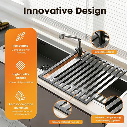 Foldable Over Sink Dish Drying Rack, Extra Wide & Thick Rust-Proof Aluminum Sink Cover for Counter Space, Collapsible Dish Drying Rack Fits Most Kitchen Sinks (Gray, 20.5“x13.6)