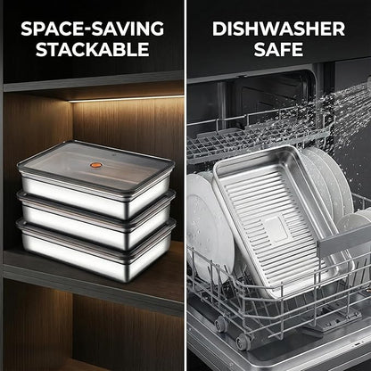 Stainless Steel Food Storage Containers, Silver, Airtight with Vacuum Seal, Stackable Rectangular, 3-Piece Set, BPA-Free Lids, for Meal Prep and Leftovers Storage(Shallow- 1.9'' Height)