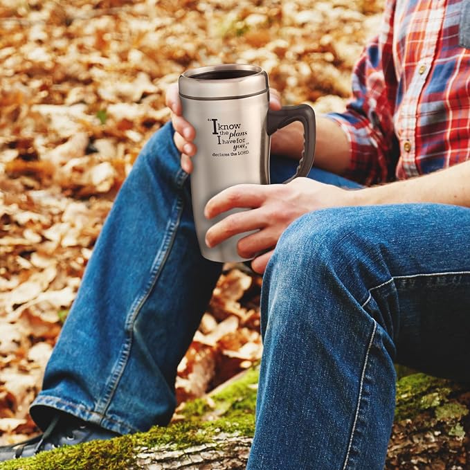 Christian Art Gifts Stainless Steel Double-Wall Vacuum Insulated Travel Mug 16 oz Tumbler and Coffee Cup with Lid and Handle BPA and Lead-free Eco-Friendly Mug - I know The Plans - Jeremiah 29:11