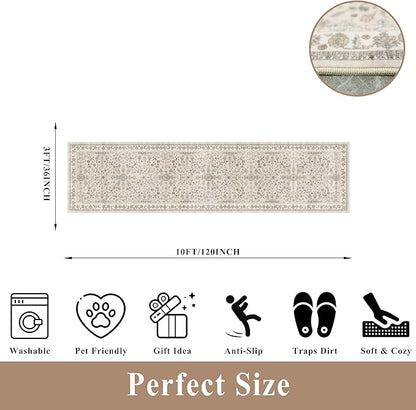 3x12 ft Long Kitchen Runner Rug - Non-Slip Washable Hallway Rug with Rubber Backing,Boho Floral Soft Low Pile Floor Carpet Runner for Entryway,Bedroom,Living Room（Beige,3x12）