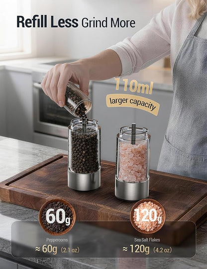 ThermoMaven Electric Salt and Pepper Grinder Set, 110ml Larger Rechargeable Automatic Salt and Pepper Mill Grinder with 6 Adjustable Coarseness, Electric Salt and Pepper Shakers, LED, Gun Grey