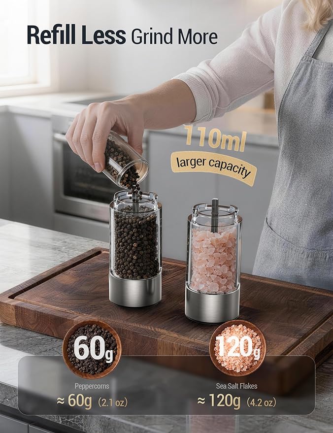 ThermoMaven Electric Salt and Pepper Grinder Set, 110ml Larger Rechargeable Automatic Salt and Pepper Mill Grinder with 6 Adjustable Coarseness, Electric Salt and Pepper Shakers, LED, White Sand