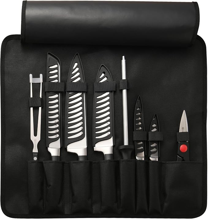 Knife Set Roll Bag, 8 Pieces German High Carbon Stainless Steel Chef Knives with Hollow Handle, Portable Knife Roll Storage Bag, Blade Guards, Kitchen Shears for Outdoor Camping Travel