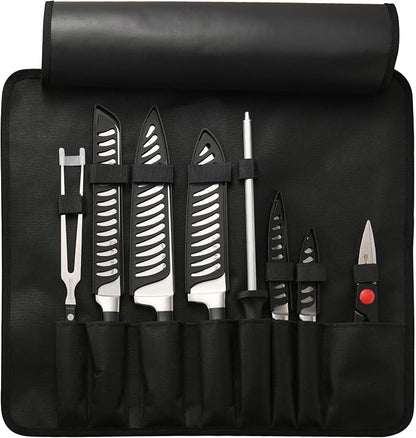 Knife Set Roll Bag, 8 Pieces German High Carbon Stainless Steel Chef Knives with Hollow Handle, Portable Knife Roll Storage Bag, Blade Guards, Kitchen Shears for Outdoor Camping Travel