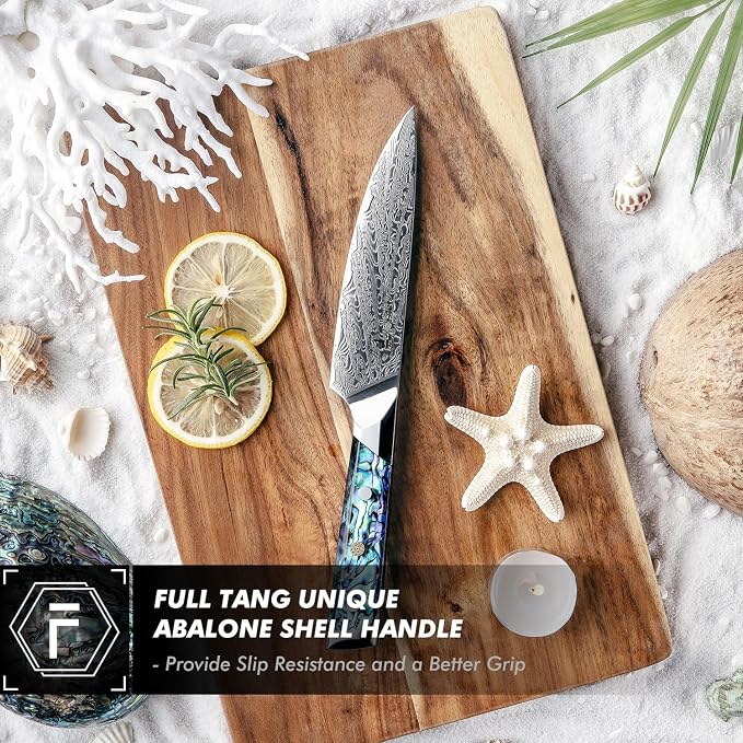 Fanteck Damascus 5 inch Chef Knife Utility Knife,Japanese VG10 Steel Kitchen Petty Knife,Professional Paring Knives High Carbon Super Sharp, 67-Layer with Full Tang Abalone Shell Handle & Wooden Cover