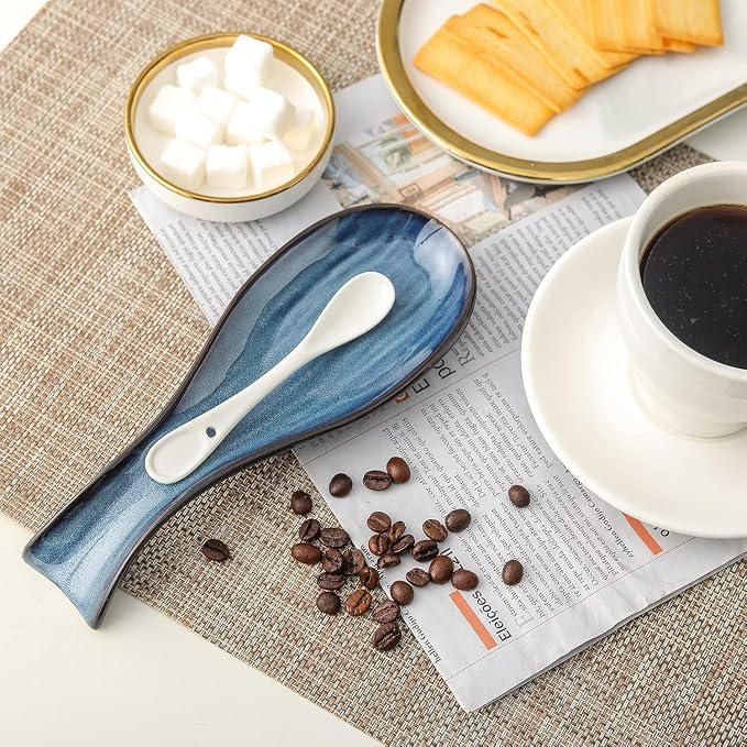 Ceramic Spoon Rest for Stove Top, Large 8.7 Inch Spoon Holder for Kitchen Counter, Porcelain Utensil Rest for Ladle, Spatula, Housewarming Gift, Dishwasher Safe and Heat-Resistant, Blue, Set of 2