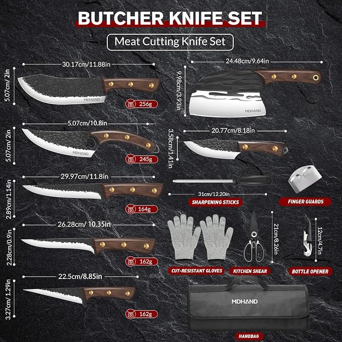 MDHAND Butcher Knife Set, Hand Forged Viking Kitchen Serbian Chef Knife Set with Roll Bag, Heavy Duty Meat Cleaver & Brisket Knives & Meat Cutting Knife for BBQ, Outdoor Camping, Gifts for Men Women