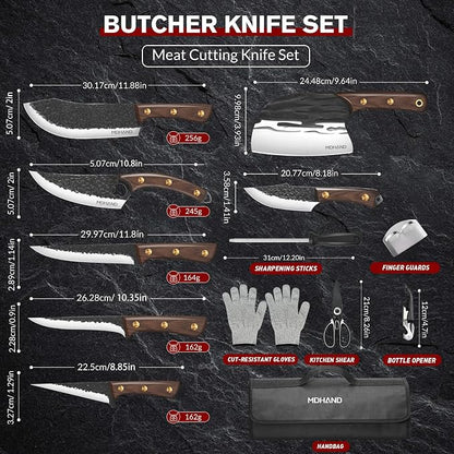 MDHAND Butcher Knife Set, Hand Forged Viking Kitchen Serbian Chef Knife Set with Roll Bag, Heavy Duty Meat Cleaver & Brisket Knives & Meat Cutting Knife for BBQ, Outdoor Camping, Gifts for Men Women