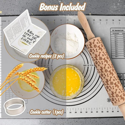 Embossed Rolling Pin for Baking Cookies Embossing Rolling Pins with Design Wooden Engraved Springerle Roller Pin Dough Animal Patterned Clay Pottery Ceramic Stamp Mold Gifts Bakers Women Kids (Dog)