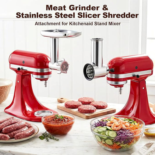 Meat Grinder & Stainless Steel Cheese Grater Attachment for KitchenAid Stand Mixer - 2 Pcs Kitchen Aid Accessories and Attachments Including Slicer Shredder and Food Grinder Attachment