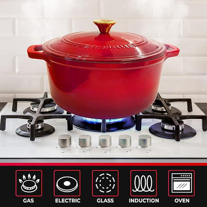 Mueller 6qt Enameled Cast Iron Dutch Oven, Heavy-Duty Casserole and Braiser Pan with Lid and Knob, Oven-Safe up to 500° F & Across All Cooktops, Red