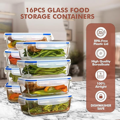 Razab 16 Pc (Set of 8) 30 Oz Glass Meal Prep Containers with Lids, Airtight Large Glass Food Storage Containers, Reusable Leak Proof BPA Free, Freezer to Oven and Dishwasher Safe